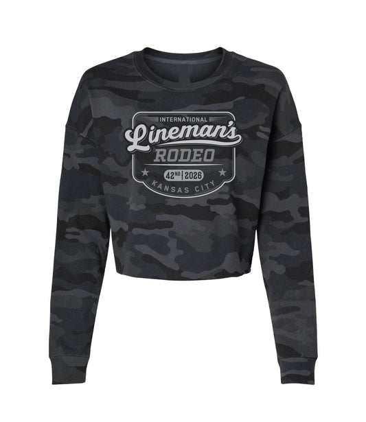 Lineman's Rodeo '26 | Ladies' Black Camo Crop Top Sweatshirt