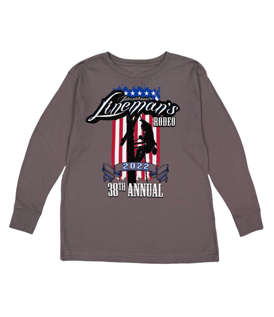 Lineman's Rodeo '22 - Vintage Flag Charcoal YOUTH Long Sleeve